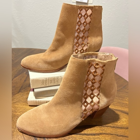 Anthropologie Camel Suede Sheer Side Ankle Boots - Picture 9 of 9